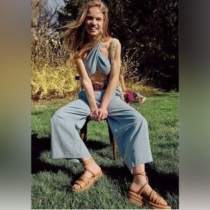 NWT Free People Wide Leg Cropped Denim Jumpsuit